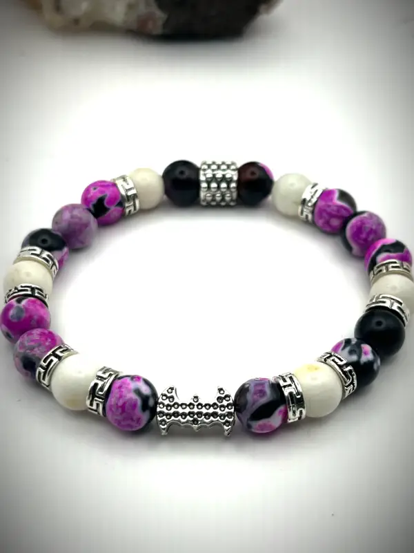 Bat pink agate white jade & lava stone - Image 3