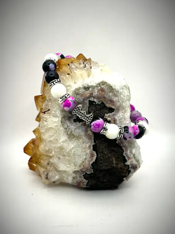 Bat pink agate white jade & lava stone