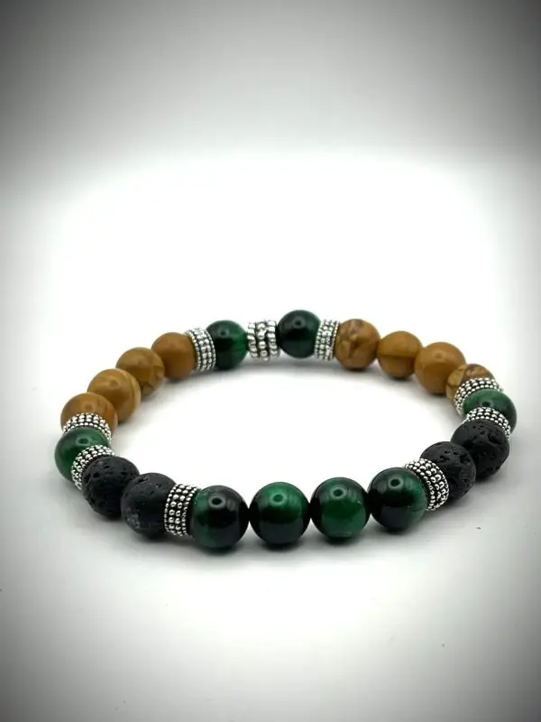 Green tigers eye Lava stone & Petrified wood bracelet
