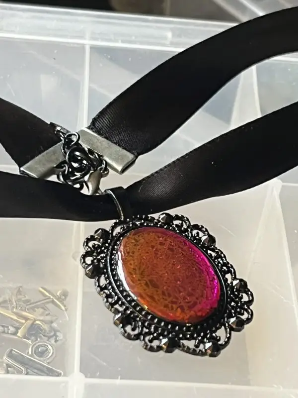 Gothic Pink & Orange Spiderweb Pendant Choker - Image 3