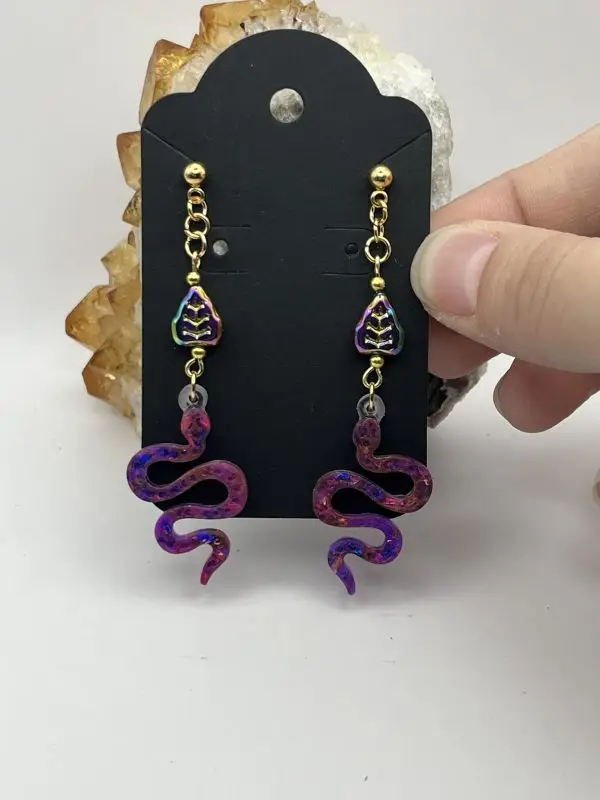 Hematite Pink & Purple Snake Earrings