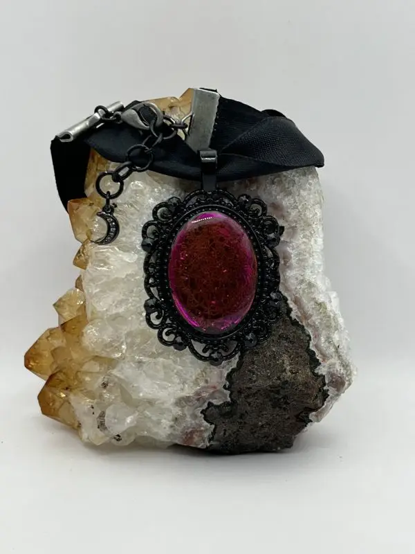 Gothic Pink & Orange Spiderweb Pendant Choker