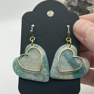 Teal and Gold Heart Earrings
