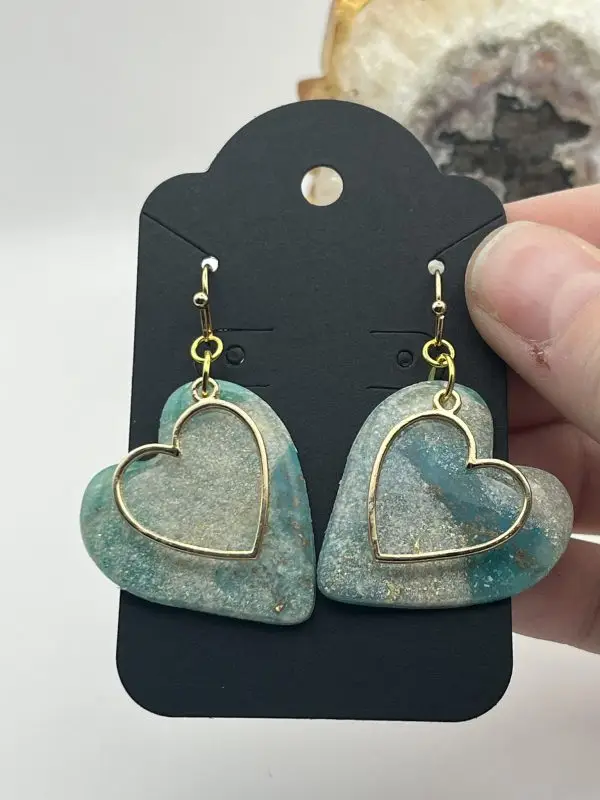 Teal and Gold Heart Earrings