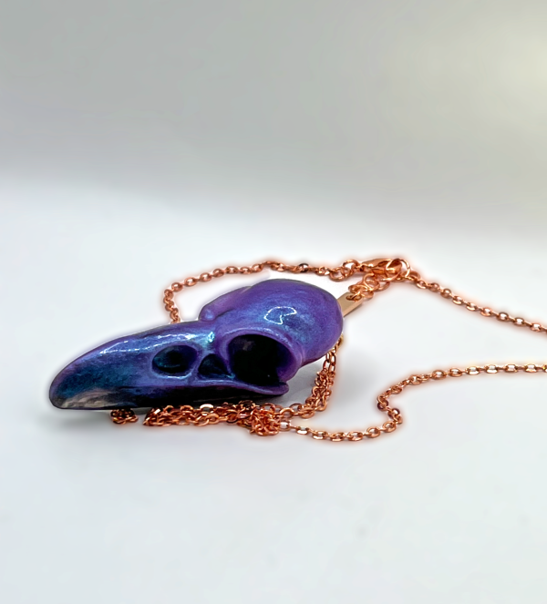 Purple Galaxy Raven Skull rose gold necklace